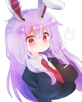  1girl animal_ears black_jacket blush breast_pocket breasts closed_mouth commentary_request crescent crescent_pin detached_collar expressionless hair_between_eyes highres impossible_clothes impossible_jacket jacket lapels large_breasts long_hair necktie notched_lapels nyoro_nyoro pocket purple_hair rabbit_ears red_eyes red_necktie reisen_udongein_inaba simple_background solo tareme touhou white_background 