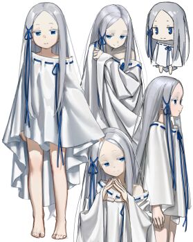  1girl absurdres barefoot blue_eyes chibi commentary_request dress forehead full_body grey_hair hair_ribbon hdk_moon highres long_hair looking_at_viewer looking_to_the_side multiple_views pandora_(re:zero) parted_bangs profile re:zero_kara_hajimeru_isekai_seikatsu ribbon single_bare_shoulder sketch smile steepled_fingers upper_body very_long_hair white_background white_dress 