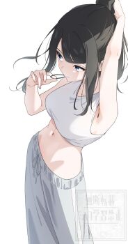  1girl aimaimi arm_up armpits black_hair blue_eyes breasts character_request closed_mouth commentary_request copyright_request cowboy_shot crop_top cropped_shirt expressionless from_above from_side grey_pants hair_tie hair_tie_in_mouth hand_up highres large_breasts midriff mouth_hold navel pants ponytail shirt sidelocks simple_background sleeveless sleeveless_shirt solo standing sweatpants tying_hair watermark white_background white_shirt 