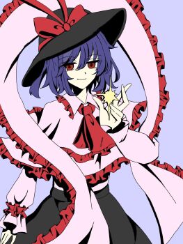  1girl ascot black_hat black_skirt bow capelet closed_mouth commentary frilled_capelet frilled_shawl frills hat hat_bow highres long_sleeves looking_at_viewer nagae_iku pink_capelet purple_hair red_ascot red_bow red_eyes shawl shirt short_hair simple_background skirt solo touhou xcqpe2tednbj1hy 