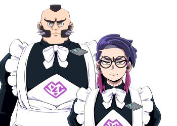  2boys alternate_costume apron black-framed_eyewear black_dress black_hair closed_mouth commentary_request corbeau_(pokemon) crossdressing crossdressing_(mtf) dress enmaided facial_hair frown glasses highres maid male_focus mamiyama mohawk multiple_boys mutton_chops nintendo philippe_(pokemon) pokemon pokemon_legends:_z-a round_eyewear short_hair simple_background white_apron white_background yellow_eyes 