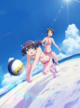  10s 2girls absurdres artist_request ball barefoot beach beach_volleyball bikini blue_sky brown_eyes cloud day feet flat_chest floral_print green_eyes green_hair hair_ornament hairclip harukana_receive highres knee_pads lens_flare mikasa_sports multiple_girls navel ocean official_art open_mouth outdoors pink_bikini playing_sports purple_hair short_hair short_twintails sky sunagawa_mai sweat swimsuit tanahara_ai twintails volleyball volleyball_(object) water 