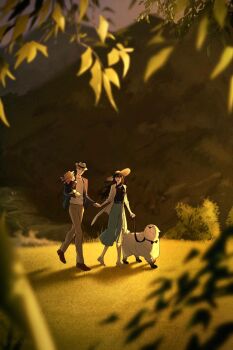  1boy 2girls adoptive_parent_and_adoptive_child anya_(spy_x_family) black_bow black_bowtie black_hair black_jacket blonde_hair bond_(spy_x_family) bow bowtie breasts carrying carrying_person child coat commentary_request dog family father_and_daughter grass green_pants hat highres holding holding_hands holding_leash husband_and_wife jacket korean_commentary leash long_hair medium_breasts mother_and_daughter mountain multiple_girls pants pet_walking pink_hair red_eyes siro666b sleeves_rolled_up spy_x_family sun_hat twilight_(spy_x_family) white_coat yor_briar 