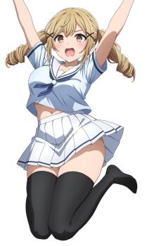 1girl arms_up bang_dream! bang_dream!_girls_band_party! black_thighhighs blonde_hair blue_neckerchief blue_shirt blush breasts brown_eyes commentary_request drill_hair hair_ornament hanasakigawa_school_uniform highres ichigaya_arisa jumping large_breasts long_hair midriff navel neckerchief no_shoes noshimurin open_mouth pleated_skirt sailor_collar school_uniform shirt short_sleeves simple_background skirt solo thigh_tease thighhighs twin_drills white_background white_sailor_collar white_skirt x_hair_ornament rating:Sensitive score:8 user:danbooru