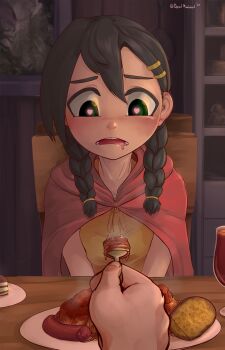  1girl black_hair braid brown_shirt cake cape chair cup deadmimicked dessert drink drooling feeding food fork green_eyes hair_between_eyes hair_tie heart heart-shaped_pupils highres hungry lona_(lonarpg) lonarpg pasta plate potato pov red_cape sausage shirt short_sleeves sitting spaghetti symbol-shaped_pupils table twin_braids 