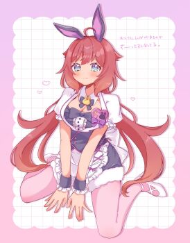  1girl ahoge animal_ears blanche_oo blue_eyes blush bow breasts detached_collar frills highres long_hair looking_at_viewer pantyhose puffy_sleeves rabbit_ears red_hair short_sleeves sitting solo stuffed_animal stuffed_toy very_long_hair wariza world_dai_star wrist_cuffs yonaguni_hikari 