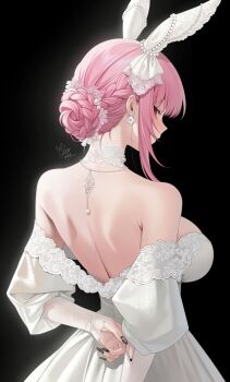  1girl absurdres alternate_costume animal_ears arm_behind_back back backless_dress backless_outfit bare_shoulders black_nails braid braided_bun breasts choker commentary dress earrings english_commentary fake_animal_ears flower_earrings from_behind glance hair_bun highres hololive hololive_english jewelry juliet_sleeves lace lace-trimmed_dress lace_trim large_breasts long_sleeves looking_at_viewer looking_back median_furrow mori_calliope nail_art off-shoulder_dress off_shoulder oikomia pink_eyes pink_hair puffy_sleeves short_hair simple_background single_hair_bun sleeves_past_wrists solo strapless strapless_dress virtual_youtuber wedding_dress white_choker white_dress 