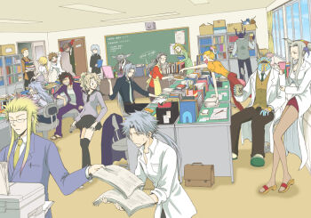  00s 1980s_(style) 1990s_(style) 4girls 6+boys bartz_klauser beshiexe blitzball book cecil_harvey cefca_palazzo chair chalkboard chaos_(dff) cloud_of_darkness cosmos_(dff) dissidia_final_fantasy emperor_(ff2) exdeath final_fantasy final_fantasy_i final_fantasy_ii final_fantasy_iii final_fantasy_iv final_fantasy_ix final_fantasy_v final_fantasy_vi final_fantasy_vii final_fantasy_viii final_fantasy_x final_fantasy_xii firion gabranth gabranth_(ff12) garland_(ff1) glasses golbez in-franchise_crossover jecht kuja multiple_boys multiple_girls office oldschool on_chair pantyhose retro_artstyle room school school_uniform sephiroth sleeves_rolled_up slice_of_life spoilers staff_room swivel_chair teacher teacher_and_student tina_branford ultimecia warrior_of_light_(ff1) zidane_tribal 