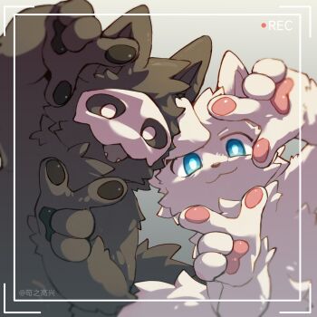  2boys :3 animal_ears animal_nose black_ears black_fur black_sclera black_tail blue_eyes bright_pupils changed chest_fur colored_sclera commentary dog_of_happy finger_frame fluffy furry furry_male furry_with_furry gradient_background grey_background hair_tuft highres lin_(changed) multiple_boys one_ear_down open_mouth pawpads pointy_ears puro_(changed) recording simple_background symbol-only_commentary tail white_fur white_mask white_pupils white_tail wolf wolf_ears wolf_tail 