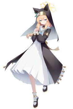  1girl absurdres animal_ear_headwear aqua_eyes armlet black_coat black_shoes black_veil blonde_hair blue_archive blue_neckerchief chcc331899 closed_mouth coat coif commentary_request double-parted_bangs dress fake_animal_ears flower frilled_sleeves frills full_body gold_armlet halo hat hat_flower hat_ornament highres interlocked_fingers jewelry leaf_hat_ornament long_hair long_sleeves looking_at_viewer making-of_available mari_(blue_archive) mary_janes neckerchief nun open_clothes open_coat own_hands_clasped own_hands_together puffy_long_sleeves puffy_sleeves sailor_collar shoes sidelocks simple_background smile socks solo standing standing_on_one_leg veil white_background white_dress white_flower white_sailor_collar white_socks yellow_halo 