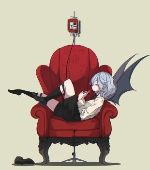  1girl absurdres alternate_costume bat_wings belt black_belt black_shoes black_shorts black_socks black_wings blood blood_bag brown_background collared_shirt commentary_request couch drinking from_side full_body highres iv_stand kneehighs long_sleeves looking_at_viewer red_eyes remilia_scarlet shirt shoes short_hair shorts sideways_glance sitting_sideways socks solo tami_(joemanyodw) touhou unworn_shoes white_shirt wings 