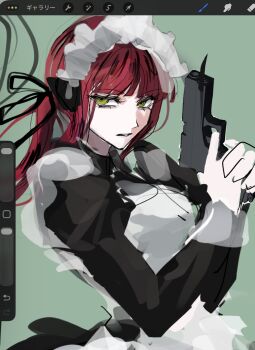  1girl apron art_program_in_frame black_bow black_bowtie black_dress black_ribbon bow bowtie breasts dress gloves green_background gun handgun highres holding holding_gun holding_weapon juliet_sleeves katori_youko large_breasts long_hair long_sleeves looking_at_viewer maid_apron maid_headdress mnr649 parted_lips procreate_(medium) procreate_(software) protected_link puffy_sleeves red_hair ribbon solo translated twintails weapon white_apron white_gloves world_trigger yellow_eyes 