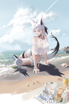  1girl :d absurdres ahoge alternate_costume animal_ears arm_support beach bikini bikini_under_clothes black_ribbon blue_sky bracelet breasts cloud commentary_request cropped_shirt cumulonimbus_cloud day denim denim_shorts double-parted_bangs extra_ears fox_ears fox_girl fox_tail full_body hair_between_eyes hair_ribbon halterneck highleg highleg_bikini highres hololive jewelry large_breasts long_hair open_mouth outdoors pectoral_cleavage pectorals ribbon shirakami_fubuki shirt short_shorts short_sleeves shorts side-tie_bikini_bottom single_off_shoulder sitting sky smile solo sukonbu_(shirakami_fubuki) swimsuit tail tanishi_(hetianming11093) thigh_strap virtual_youtuber wet wet_clothes wet_shirt white_bikini white_hair white_shirt white_shorts yokozuwari 