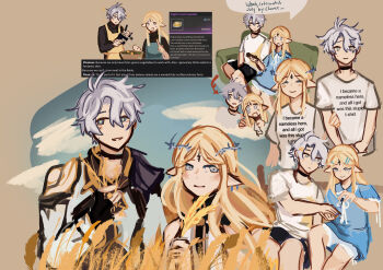  1boy 1girl absurdres alternate_costume blonde_hair blue_eyes blue_shirt cartethyia_(wuthering_waves) closed_mouth clothes_writing commentary cooking crossover crown_of_thorns earrings english_commentary game_screenshot_inset hair_between_eyes highres honkai:_star_rail honkai_(series) jewelry long_hair looking_at_viewer parted_lips phainon_(honkai:_star_rail) pointy_ears screenshot_inset shirt sidelocks smile tacet_mark_(wuthering_waves) tsururoach wheat white_hair white_shirt wuthering_waves 