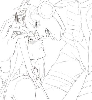  alternate_height alternate_size animal_ears blush bow ear_bow ear_covers ear_ribbon fangs fangs_out gold_ship_(umamusume) hand_on_another&#039;s_head height_difference horse_ears horse_girl mejiro_mcqueen_(umamusume) monochrome open_mouth pillbox_hat size_difference sketch tall_female tongue umamusume vampire vennyyyy_draws yuri 