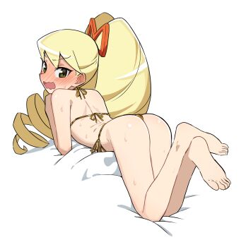  1girl ass back bare_shoulders barefoot bikini blonde_hair blush drill_hair embarrassed feet flat_ass full-face_blush furrowed_brow gold_bikini highres loli looking_at_viewer looking_back luna_platz_(mega_man) lying mega_man_(series) mega_man_star_force_(series) ogi_non on_stomach open_mouth red_ribbon ribbon shoulder_blades side-tie_bikini_bottom skinny soles solo sweat swimsuit twin_drills wavy_mouth yellow_eyes 