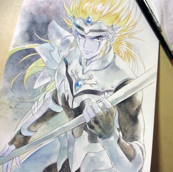  1boy agahari armor art_tools_in_frame black_bodysuit black_gloves blonde_hair blue_skin bodysuit closed_mouth colored_skin commentary_request cowboy_shot dragon_quest dragon_quest_dai_no_daibouken facial_mark fingerless_gloves gloves holding holding_polearm holding_weapon larhart long_hair looking_at_viewer male_focus painting_(medium) photo_(medium) pointy_ears polearm single_shoulder_pad smile solo standing traditional_media vambraces weapon 