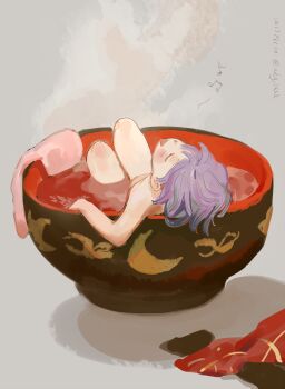  1girl absurdres bathing beamed_eighth_notes bowl closed_eyes completely_nude dated eighth_note highres in_bowl in_container lying mini_person minigirl miniskirt musical_note nengo nude purple_hair short_hair skirt smile solo sukuna_shinmyoumaru touhou towel twitter_username water 