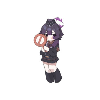  1girl :< belt beret black_boots black_hat black_jacket blue_archive blush boots calves center-flap_bangs chibi collared_shirt commentary_request cross dress_shirt frown hair_between_eyes halo haruka_(blue_archive) hat highres holding holding_sign jacket lapels long_sleeves looking_to_the_side metronomechan nervous pleated_skirt puffy_long_sleeves puffy_sleeves purple_eyes purple_hair purple_halo red_shirt road_sign shirt sign silver_trim simple_background skirt solo stop_sign white_background 