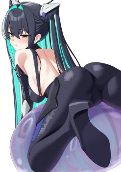  1girl aqua_hair ass backless_bodysuit bare_shoulders black_bodysuit black_hair blush bodysuit breasts closed_mouth colored_inner_hair commentary_request cone_hair_bun double_bun goddess_of_victory:_nikke hair_between_eyes hair_bun hair_intakes hexagon_print high_heels highres large_breasts little_mermaid_(nikke) long_hair looking_at_viewer looking_back multicolored_hair simple_background solo twintails very_long_hair white_background xi_oshir1 yellow_eyes  rating:Sensitive score:37 user:danbooru
