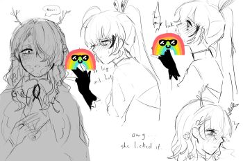  1futa 1girl antlers aroused blush censored ceres_fauna character_name commentary english_text fellatio flower futa_with_female futanari gloves greyscale hair_flower hair_ornament hair_over_one_eye hand_up heavy_breathing highres hololive hololive_english horns implied_futanari licking licking_penis long_hair long_sleeves monochrome nanashi_mumei oral partially_fingerless_gloves penis ponytail ryy_0x0 simple_background sweat tongue tongue_out tree_horns trembling virtual_youtuber white_background 