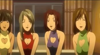  animated animated_gif anime_screenshot black_hair blonde_hair blue_dress breasts brown_hair cleavage death_note dress green_dress happy multiple_girls panning panning_camera pink_dress red_dress sitting smile take_your_pick yellow_dress  rating:General score:9 user:retsupurae