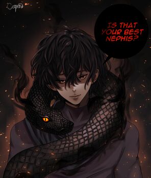  1boy absurdres aegyo_sal black_eyes black_hair black_shirt embers english_text glowing glowing_eyes head_tilt highres looking_at_viewer male_focus shadow_slave shirt short_hair smirk snake snake_wrapped_around_neck solo speech_bubble sunny_(shadow_slave) upper_body 