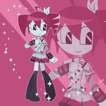  1girl boots colored_skin commentary cosplay drill_hair hair_ribbon highres humanoid_robot jenny_wakeman kasane_teto kasane_teto_(cosplay) metal_skin my_life_as_a_teenage_robot red_hair red_trim ribbon robot robot_girl skirt sparkle_background stitchedbunny9 synthesizer_v twin_drills utau white_ribbon white_skin 