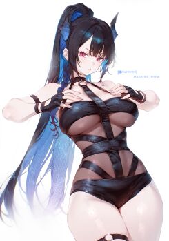  1girl absurdres arm_strap asymmetrical_horns black_gloves black_hair black_one-piece_swimsuit blue_hair braid breasts casual_one-piece_swimsuit clothing_cutout collarbone colored_inner_hair commentary cowboy_shot double-parted_bangs english_commentary fingerless_gloves fingernails glove_cutout gloves hair_between_eyes halterneck hands_on_own_chest high_ponytail highres hololive hololive_english horns hot_limit large_breasts long_hair looking_at_viewer mashiro_www mole mole_under_eye multicolored_hair nerissa_ravencroft nerissa_ravencroft_(holonatsu_paradise) o-ring o-ring_thigh_strap official_alternate_costume one-piece_swimsuit paid_reward_available parted_lips patreon_username pink_hair ponytail side_braid sidelocks simple_background single_braid solo swimsuit thick_thighs thigh_strap thighs uneven_horns very_long_hair virtual_youtuber white_background 