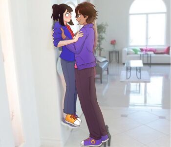  1boy 1girl black_hair black_pants blue_jacket blue_pants blush brown_eyes brown_hair buttons clenched_teeth commentary couch dark-skinned_male dark_skin drooling english_commentary flustered from_side hand_on_another's_shoulder highres humanization indoors jacket jax_(the_amazing_digital_circus) lifting_person long_sleeves looking_at_another medium_hair multicolored_jacket orange_shoes pants photo_background pillow pomni_(the_amazing_digital_circus) ponytail purple_shoes purple_sweater red_jacket sheshesss9 shoes short_hair sidelocks sleeves_rolled_up sweater table teeth the_amazing_digital_circus tile_floor tiles two-tone_jacket white_rug window 