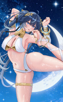  1girl :p absurdres ahoge armlet arms_up bare_shoulders barefoot blue_eyes blue_hair breasts cleavage collarbone commentary_request crescent feet gold_bra gradient_hair hair_belt highres iuno_(wuthering_waves) jewelry kamoe laurel_crown leg_wrap licking_foot licking_own_foot long_hair looking_at_viewer medium_breasts multicolored_hair navel revealing_clothes self_worship soles solo stomach streaked_hair sweat tacet_mark_(wuthering_waves) thighlet thighs toes tongue tongue_out twintails vambraces very_long_hair wuthering_waves  rating:Explicit score:13 user:danbooru