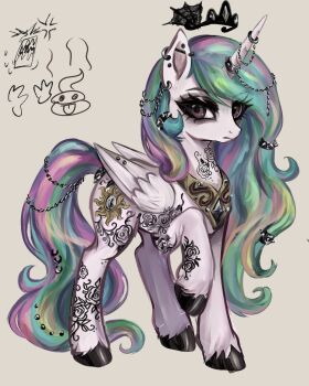  alternate_form animal animal_focus barbell_piercing black_eyeshadow commentary crown cutie_mark ear_piercing english_commentary eyeshadow feathered_wings floating_crown gem goth_fashion hair_chain highres hooves hornboner horns horse industrial_piercing jewelry long_hair looking_at_viewer makeup multicolored_hair my_little_pony my_little_pony:_friendship_is_magic necklace no_humans piercing pony_(animal) princess_celestia purple_eyes single_horn smokey_eyeshadow solo standing tattoo thick_eyelashes tiara very_long_hair winged_unicorn wings 