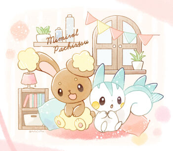 :d :o absurdres bookshelf brown_eyes buneary character_name commentary_request gen_4_pokemon highres lamp mofucoffee nintendo no_humans open_mouth pachirisu pillow plant pokemon pokemon_(creature) pokemon_focus potted_plant rabbit sitting smile twitter_username window 