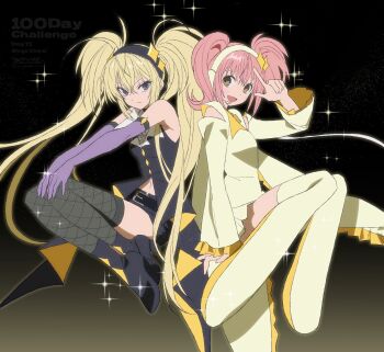  2girls alternate_form amulet_dia betti_(xx_betti) black_background blonde_hair boots brown_eyes dark_jewel elbow_gloves fishnet_thighhighs fishnets full_body gloves headset highres hinamori_amu hoshina_utau looking_at_viewer magical_girl multiple_girls navel pink_hair purple_eyes purple_gloves shorts shugo_chara! sidelocks sleeveless smile star_(symbol) thigh_boots thighhighs twintails 