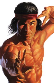  1boy absurdres alex_ross bandana black_hair brown_eyes comic_cover cover cover_page highres looking_at_viewer male_focus marvel muscular muscular_male official_art one_eye_in_shadow reaching reaching_towards_viewer realistic red_bandana shang-chi short_hair topless_male western_comics_(style) white_background 