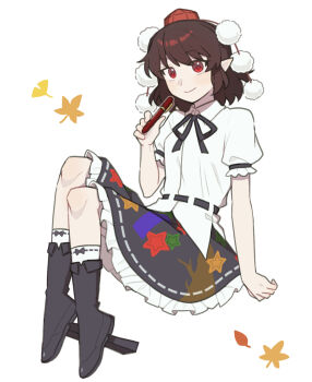  1girl autumn_leaves black_ribbon brown_hair closed_mouth collared_shirt commentary_request geta hat hidden_star_in_four_seasons highres holding holding_pen leaf looking_at_viewer neck_ribbon official_alternate_costume pen pointy_ears pom_pom_(clothes) print_skirt puffy_short_sleeves puffy_sleeves red_eyes red_hat ribbon ribbon-trimmed_skirt ribbon_trim sakic43899 shameimaru_aya shirt short_sleeves skirt smile solo star_(symbol) star_print tengu-geta tokin_hat touhou white_shirt 