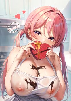  1girl apron breast_suppress breasts chocolate chocolate_on_body food food_on_body highres holding holding_chocolate holding_food large_breasts low_twintails naked_apron nekosuke_(797339) nipples original pink_hair raised_inner_eyebrows see-through_clothes skindentation twintails 