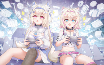  2girls agiri_(agiri_box) animal_ear_fluff animal_ears asymmetrical_legwear bandaid bandaid_hair_ornament belt black_choker blonde_hair blue_belt blue_eyes blue_streaks breasts chain chain_leash choker cleavage cleavage_cutout clothing_cutout controller cross_hair_ornament dog_ears dog_girl dog_tail fake_horns fangs fishnet_thighhighs fishnets frilled_shirt_collar frills fuwawa_abyssgard game_controller hair_ornament hairband hairclip headphones highres hololive horn_hairband horns leash long_hair medium_breasts midriff mismatched_legwear mococo_abyssgard multicolored_hair multiple_girls navel open_mouth parallel_hairclips pink_belt pink_eyes pink_streaks shirt short_hair single_bare_shoulder single_fishnet_legwear sitting small_breasts smile spiked_choker spikes streaked_hair tail thighhighs virtual_youtuber white_shirt 