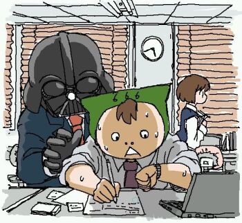  1girl 2boys 666 aliasing animal_hood brown_hair clock computer darth_vader desk eigyouseki fluorescent_lamp futaba_channel gloves hat hood indoors laptop mask multiple_boys nijiura office office_lady os-tan salaryman short_hair sleeves_rolled_up star_wars sweat wall_clock watch wristwatch writing yamada-san 