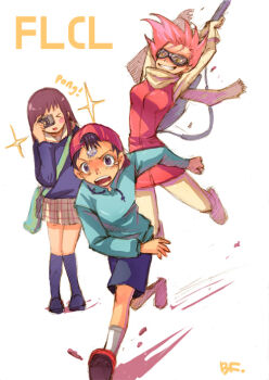  1boy 2girls aqua_hoodie aqua_sleeves archived_source bag bandaid bandaid_on_face bandaid_on_forehead baseball_cap bass_guitar bf._(sogogiching) blue_shorts blue_sleeves blue_socks blue_sweater blush breasts brown_eyes brown_hair camera can child clenched_hand closed_eyes copyright_name flcl fleeing gainax gloves goggles green_bag grin guitar_strap haruhara_haruko hat holding holding_bass_guitar holding_camera holding_can holding_instrument hood hoodie incoming_attack instrument jacket kneehighs knees_together_feet_apart long_hair long_sleeves medium_breasts midair multiple_girls nandaba_naota nostrils open_mouth pink_hair plaid_clothes plaid_skirt pleated_skirt red_hat red_jacket red_shoes rickenbacker rickenbacker_4001 running samejima_mamimi scarf school_uniform serafuku shoes short_hair shorts shoulder_bag signature simple_background skirt sleeve_cuffs sleeveless sleeveless_jacket smile socks sound_effects sparkle standing sweater taking_picture tears teeth toggles upper_teeth_only white_scarf white_socks yellow_eyes yellow_gloves yellow_leggings yellow_skirt yellow_sleeves 