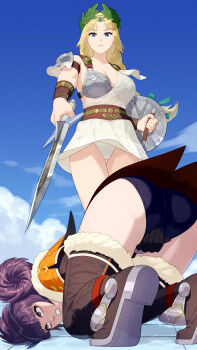  absurdres ancient_greek_clothes armor armored_boots armored_dress belt blonde_hair blue_eyes blue_sky boots bow braid breasts brown_belt cleavage cloud commentary_request commission cunt_punt day dress gloves greco-roman_clothes green_bow hair_bow hair_ornament highres holding holding_sword holding_weapon laurel_crown outdoors pain panties pantyshot pixiv_commission pointing pointing_at_another purple_eyes shield shoulder_armor shoulder_pads single_braid sky sophitia_alexandra soul_calibur sword thigh_boots tira_(soulcalibur) underwear weapon yagi2013 
