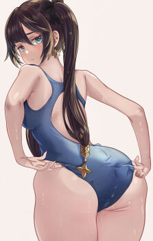 1girl absurdres adjusting_clothes adjusting_swimsuit ass back black_hair black_ribbon blue_eyes blue_one-piece_swimsuit competition_swimsuit earrings from_behind genshin_impact hair_ornament hair_ribbon highres jewelry leaning_forward looking_at_viewer looking_back mona_(genshin_impact) one-piece_swimsuit reus_(cetta) ribbon simple_background solo swimsuit thighs twintails white_background rating:Sensitive score:141 user:danbooru