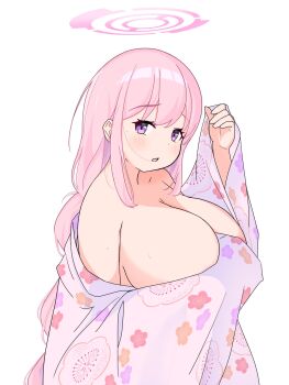  1girl alternate_costume arm_up blue_archive blush braid breasts cleavage eimi_(blue_archive) floral_print floral_print_kimono from_side huge_breasts japanese_clothes kimono long_braid long_hair lovekaosu off-shoulder_kimono open_mouth pink_hair pink_kimono print_kimono purple_eyes revealing_clothes single_braid solo standing sweat white_background 