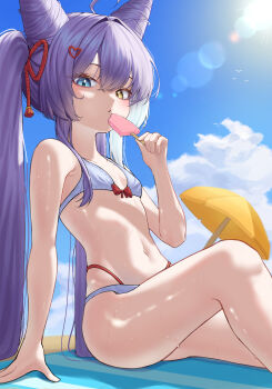  1girl absurdres ahoge arm_at_side arm_support bikini blue_eyes blue_sky bow bow_bikini braid breasts closed_mouth cloud commentary cone_hair_bun double-parted_bangs feet_out_of_frame food food_bite hair_bun hair_intakes hair_ornament hand_up heart heart_hair_ornament heterochromia highres holding holding_food holding_popsicle jehwa lens_flare long_hair looking_at_viewer multi-strapped_bikini_bottom navel on_ground popsicle purple_hair shiny_skin simple_bird sitting sky small_breasts solo stellive stomach sun swimsuit tenko_shibuki twin_braids twintails very_long_hair virtual_youtuber water_drop wet white_bikini yellow_eyes  rating:Sensitive score:4 user:danbooru
