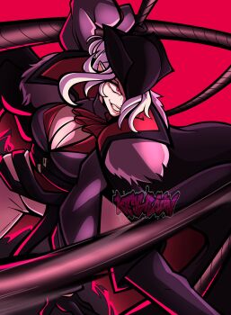  1girl absurdres angry black_gloves black_jacket boots breasts cape commentary english_commentary general_geega general_geega_(inquisitor) gloves grey_hair grey_pants grey_shirt hat heterochromia highres jacket keyshaun large_breasts pants pointy_ears red_background red_eyes shirt sidelocks thigh_boots underbust virtual_youtuber vshojo whip 