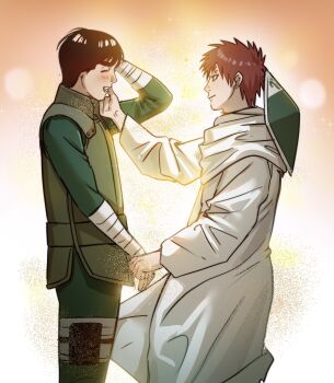  2boys bandaged_arm bandaged_hand bandaged_leg bandages black_hair blush bodysuit bowl_cut closed_eyes closed_mouth cowboy_shot flak_jacket gaara_(naruto) gradient_background green_bodysuit green_vest hand_on_another's_cheek hand_on_another's_face hat_on_back highres holding_hands holster jacket looking_at_another male_focus multiple_boys naruto_(series) naruto_shippuuden no_eyebrows open_mouth red_hair robe rock_lee scar scar_on_face scar_on_forehead scratching_head short_hair simple_background smile thick_eyebrows thigh_holster tinh_daubuoi vest white_robe yaoi 