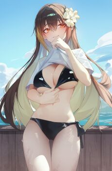  1girl absurdres bikini bikini_pull black_bikini blonde_hair breasts brown_hair cleavage closed_mouth clothes_lift clothes_pull colored_inner_hair commission cowboy_shot day flower hair_flower hair_ornament hand_up highres large_breasts lifting_own_clothes long_hair looking_to_the_side multicolored_hair muring864 navel no_pants orange_eyes original outdoors pulling_own_clothes shirt shirt_lift short_sleeves side-tie_bikini_bottom skindentation smile solo stomach streaked_hair swimsuit thigh_gap thighs two-tone_hair very_long_hair wet white_shirt 