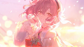  1girl absurdres aether_gazer artist_request black_hairband bow braid copyright_name hair_tubes hairband highres long_sleeves official_art pink_eyes pink_hair red_bow single_hair_tube skuld_(aether_gazer) solo upper_body 