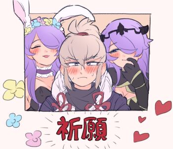 1boy 2girls blush breasts camilla_(fire_emblem) camilla_(spring_princess)_(fire_emblem) chignon choker cleavage closed_eyes fire_emblem fire_emblem_fates fire_emblem_heroes flower frills grey_hair hair_over_one_eye hand_on_own_face heart multiple_girls nintendo one_eye_covered orange_eyes purple_eyes purple_hair rabbit_ears sino_skgv sweat takumi_(fire_emblem) tiara