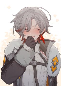  1boy black_gloves blush closed_eyes commentary covering_own_mouth earrings fur_trim genshin_impact gloves highres illuga_(genshin_impact) jacket jewelry laughing male_focus mole mole_under_eye open_clothes open_jacket open_mouth secretmeiz single_earring solo symbol-only_commentary turtleneck 